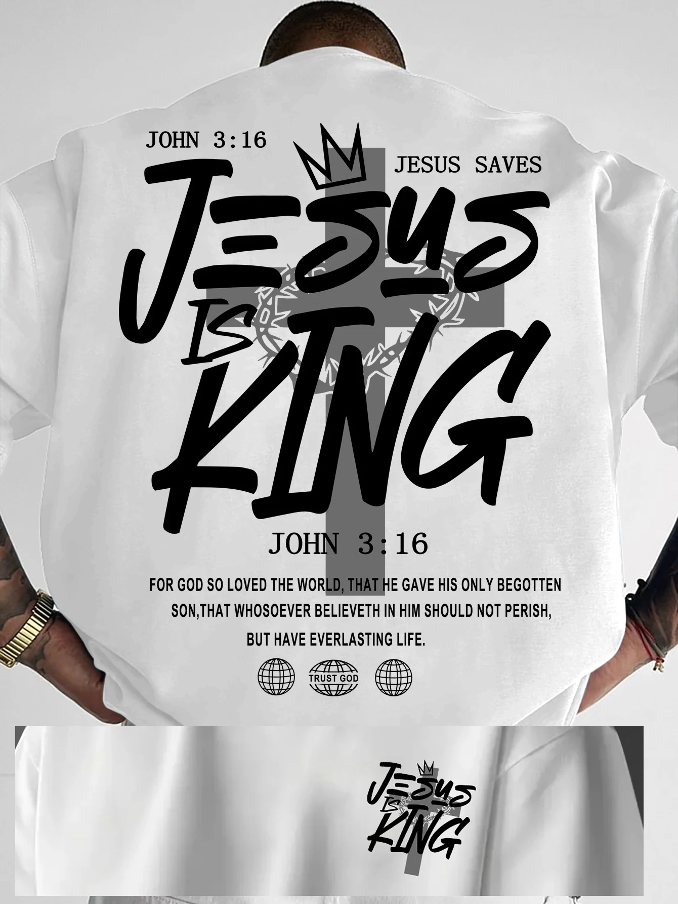 Vintage Jesus Is King Graphic T Shirt Men Cross Crown Print Casual Short Sleeve Streetwear Unisex Christian Faith Casual Tops