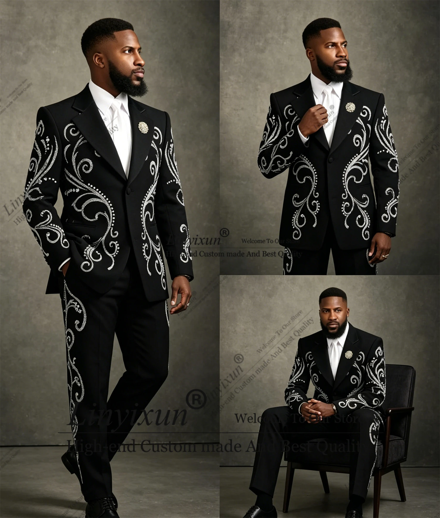 

Embroidery Design Beaded Stones Suits Men Slim Notched Label 2Piece Groom Formal Party Wedding Tuxedos Outfits pantalones hombre
