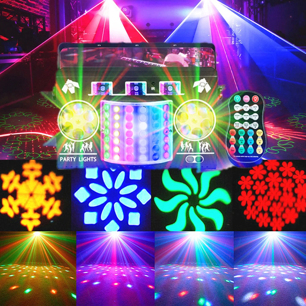 DJ Disco Show Lights LED Pattern Party Lights 5IN1 Effect LED Stage Light DMX Strobe Lights Remote Control Laser Light for Club