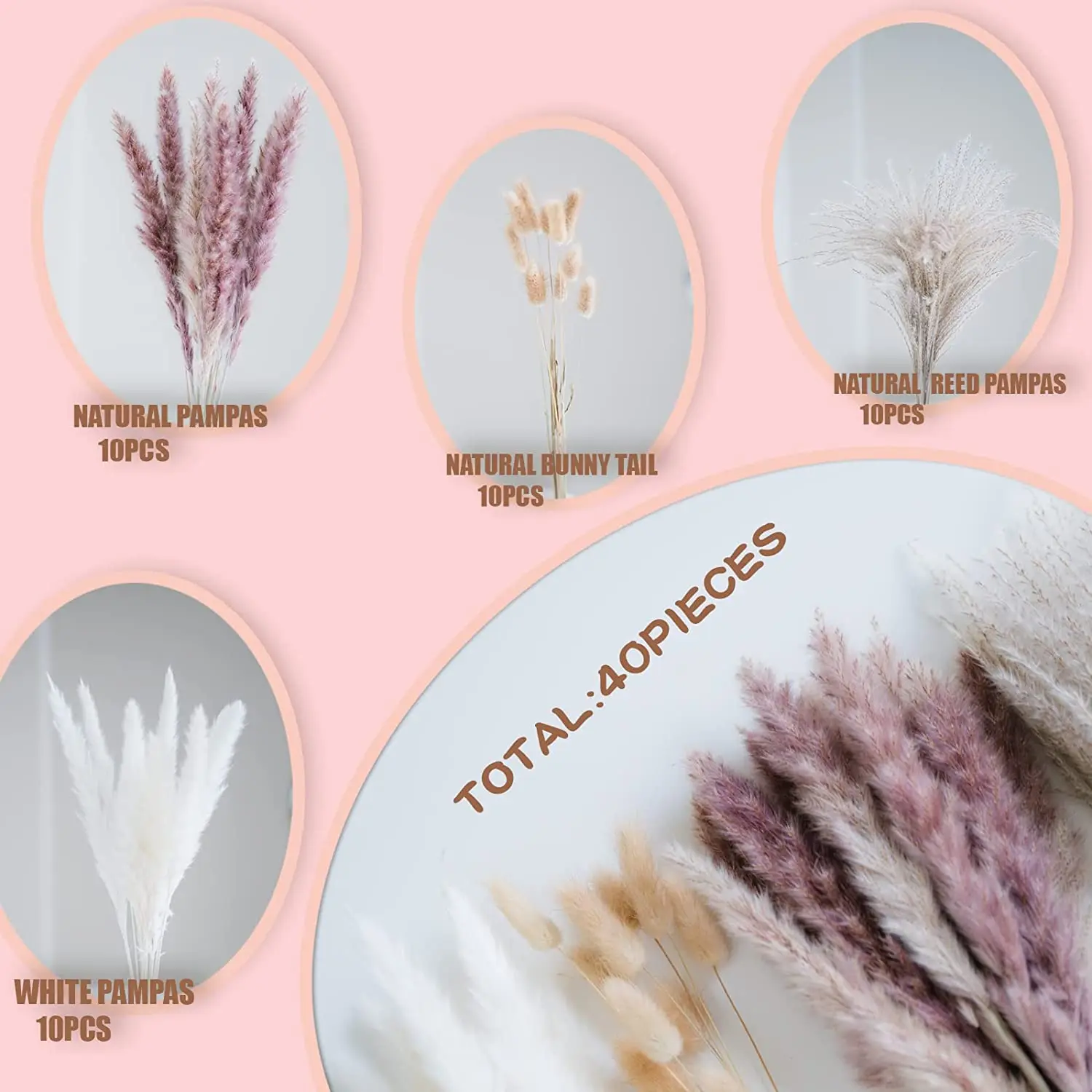 Natural Fluffy Pampas Grass, Phragmites, Rabbit Tail, Boho Nordic Bouquet, Arranjo Flor, Casa e Decoração do Casamento, 40PCs