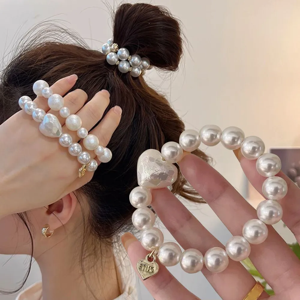

Fashion Imitation Pearl Beaded Hair Ropes Elegant High Elastic Heart Hair Ties Women Girls Bracelet Ponytail Holder Rubber Band