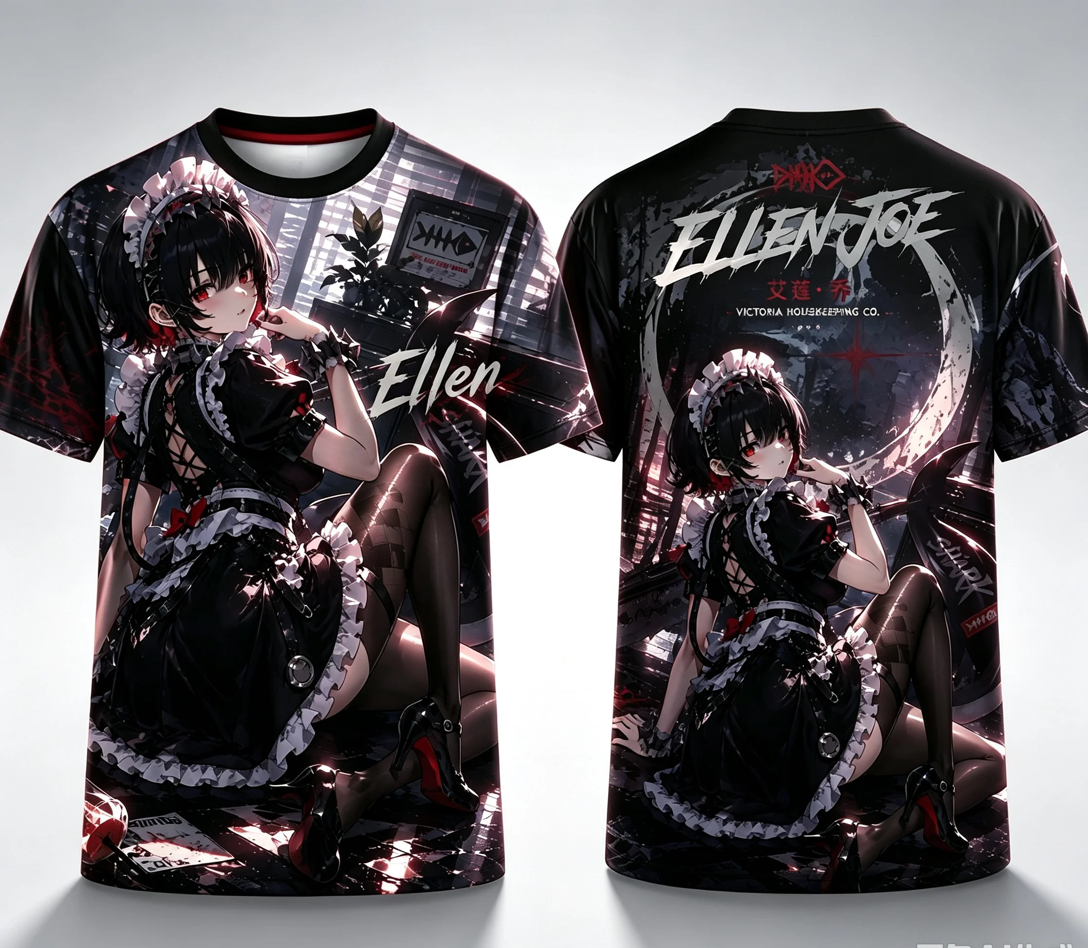 Ellen Joe Anime Shark‑Maid Girl 3D All‑Over Print T‑Shirt, Dark Grunge Graphic Short‑Sleeve Tee, Polyester Casual Tops For Men
