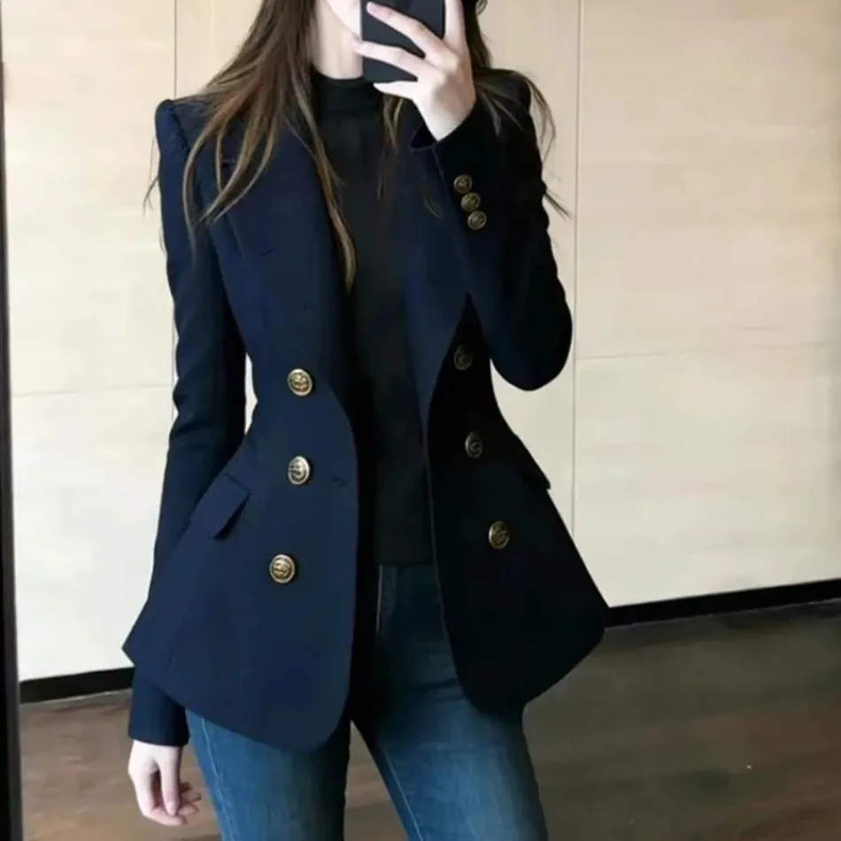 Damen Herbst Neue Mode Locker Sitzender Business-Anzug Blazer Französischer Hochwertiger Marineblauer Doppelreihiger Blazer Jacke Oberbekleidung – Detail 7