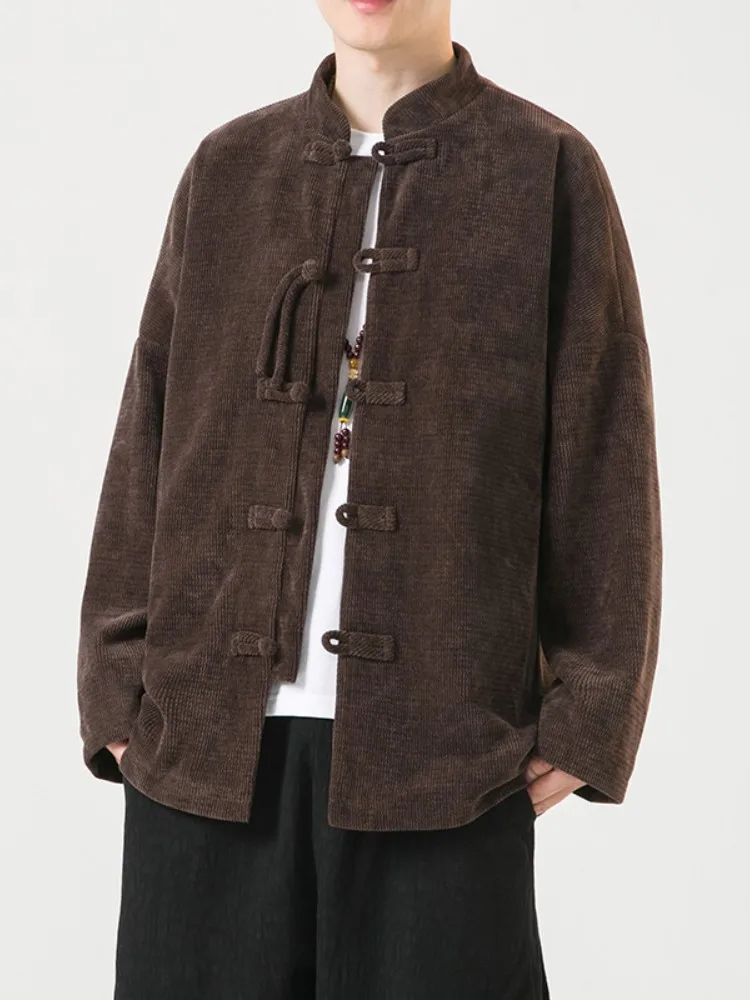 

Men's Autumn Winter Corduroy Jaet New Chinese Sle T Coat with Button Decor Loose Fit Anti-Wind Long Sve Coat