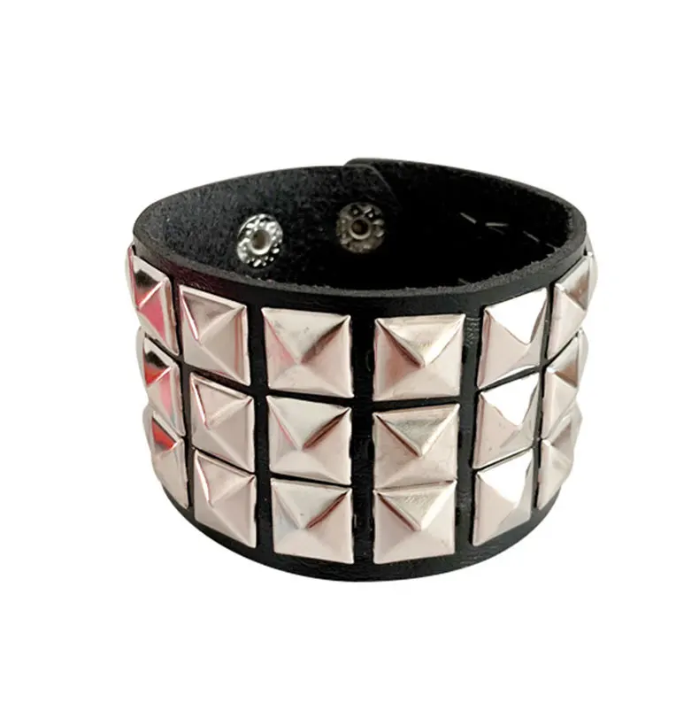 New Unique 3 Row Cuspidal Spikes Rivet Stud Wide Cuff Leather Punk Gothic Rock Unisex Bangle Bracelet Men Jewelry