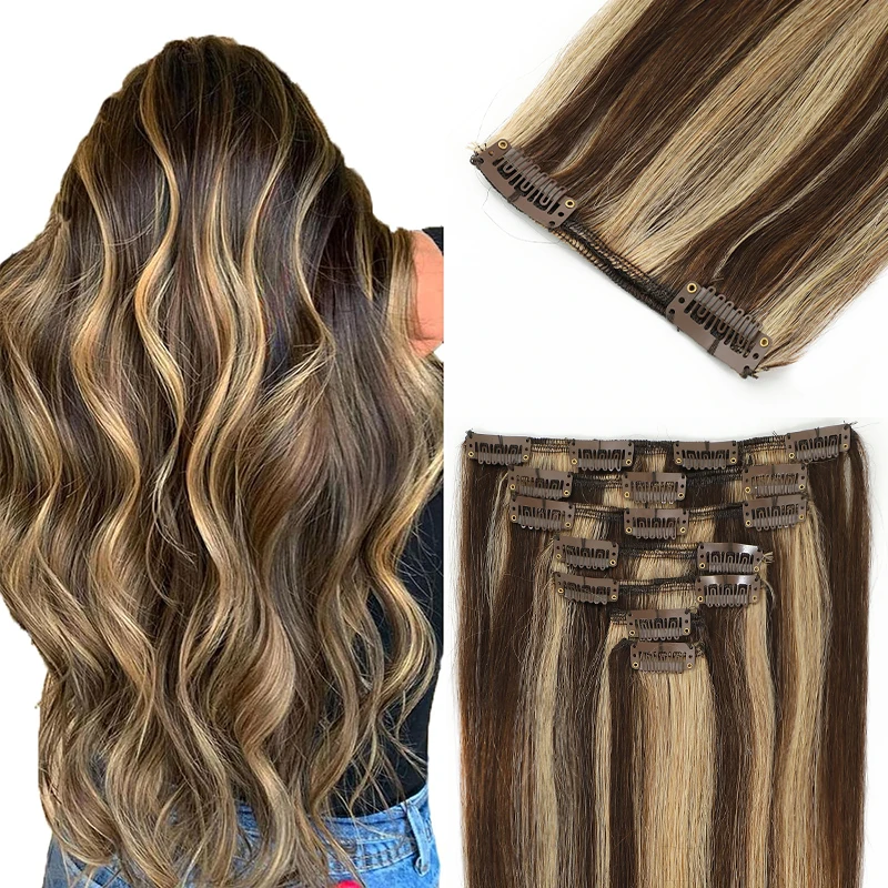 클립형 헤어 익스텐션, 인모, 리얼 피아노 컬러, 내추럴 머신 레미, 더블 웨프트 7피스 클립형 익스텐션, 볼륨업
