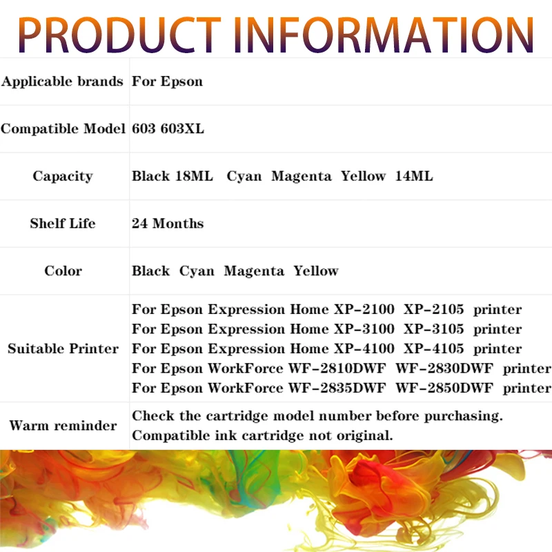 Чернильный картридж 603 603XL, совместимый с Epson 603XL для принтера Epson XP-2100 XP-2105 XP-3100 XP-3105 XP-4100 XP-4105 WF-2810
