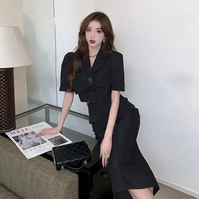 Lnsozkdg Women\'s 2 Two Piece Bow Tie Cropped Jacket Coat Skirt Suit Womens Summer Blazer Set Outfits Knee Length Suite