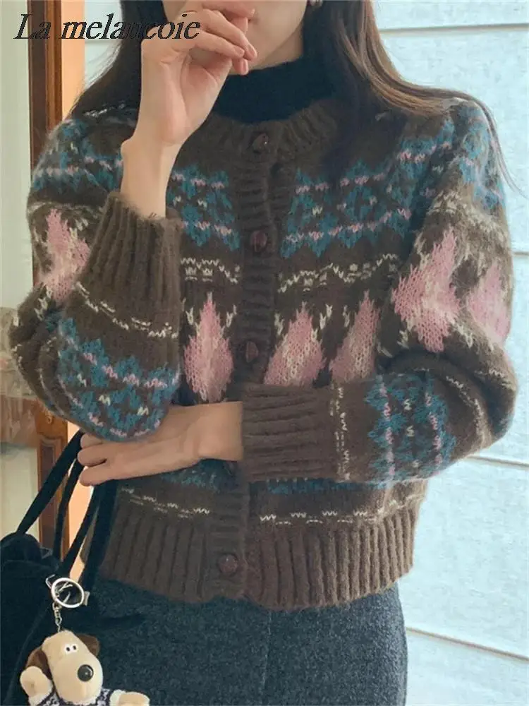 Ugly Christmas Sweater Women Vintage Button Up Knitted Jacquard Cardigan Jumpers Autumn Winter 2024 New Fashion Casual Knitwear