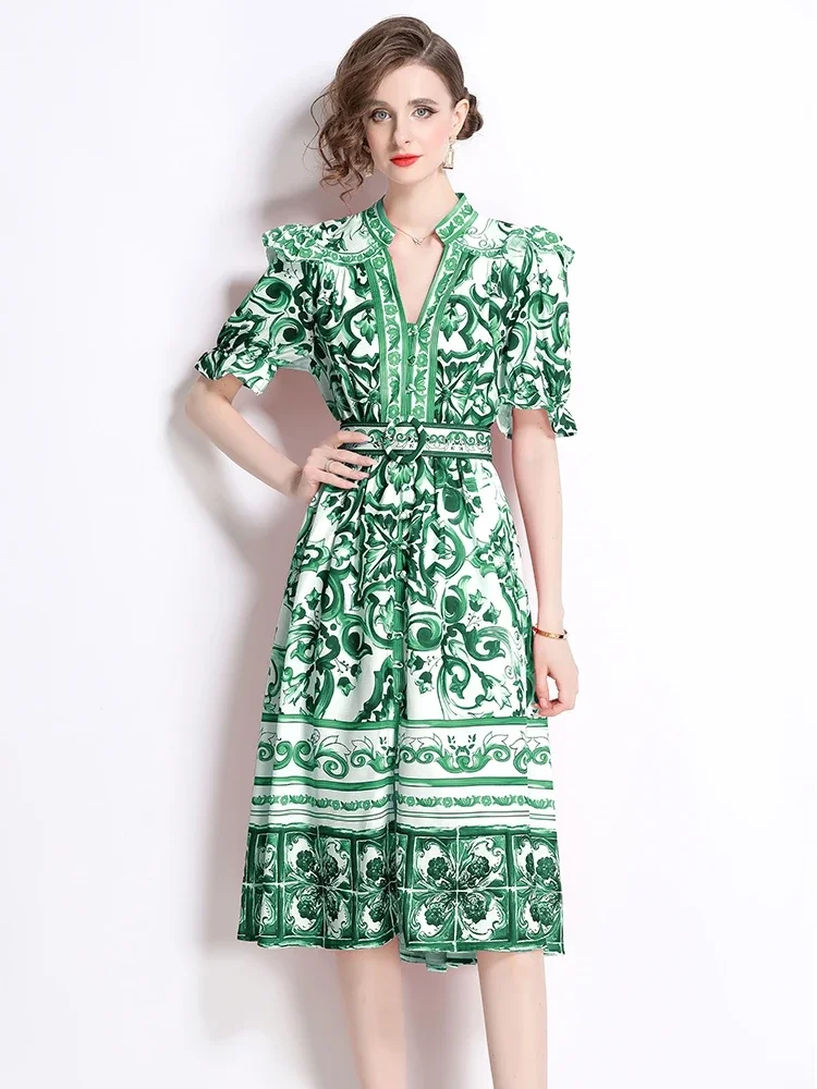 TRAF Europe and America Summer Runway Porcelain Print Midi Dress Women V -Neck Flying Sleeve Buttons Belt Slim Clothes Vestido