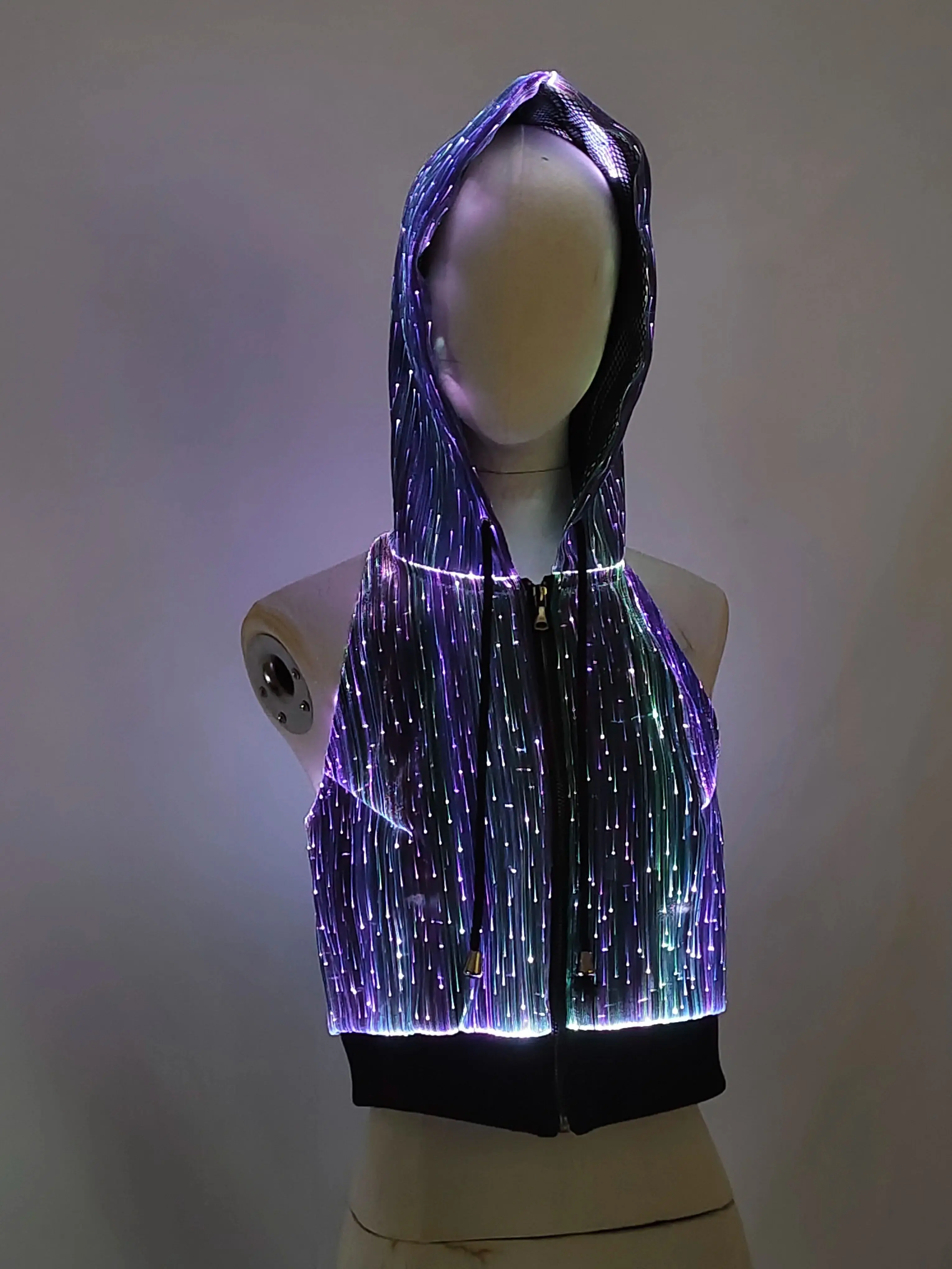 

LED Fiber Optic Hooded Neon Vest – Luminous Rave Wear Glowing Sleeveless Jacket for Night Events Party Costume