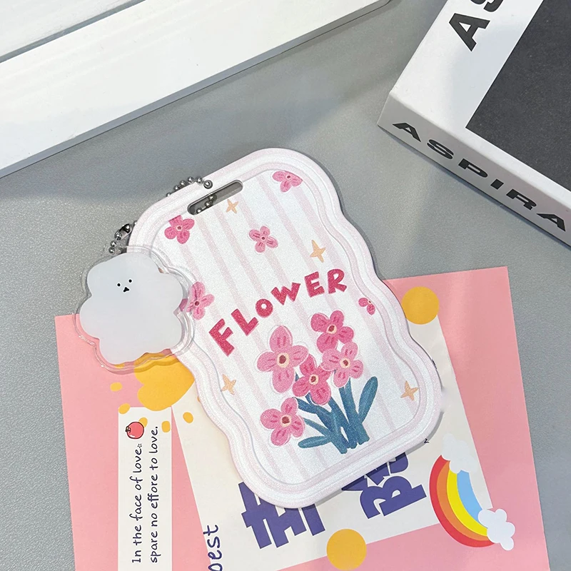 Pink Cute Flowers Photo Card Holder Design Idol Photo Sleeve Anti Lost Keychain Photocards Protector Case Student Meal Card