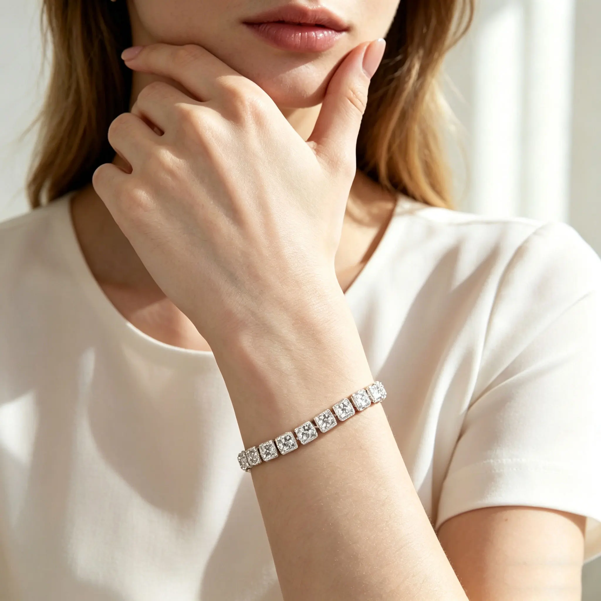 

Роскошный браслет Halo с муассанитами для мужчин и женщин, 20 см, 20,7 г, из стерлингового серебра 925 пробы, инкрустированный квадратными лабораторными бриллиантами, теннисная цепочка, ювелирное украшение