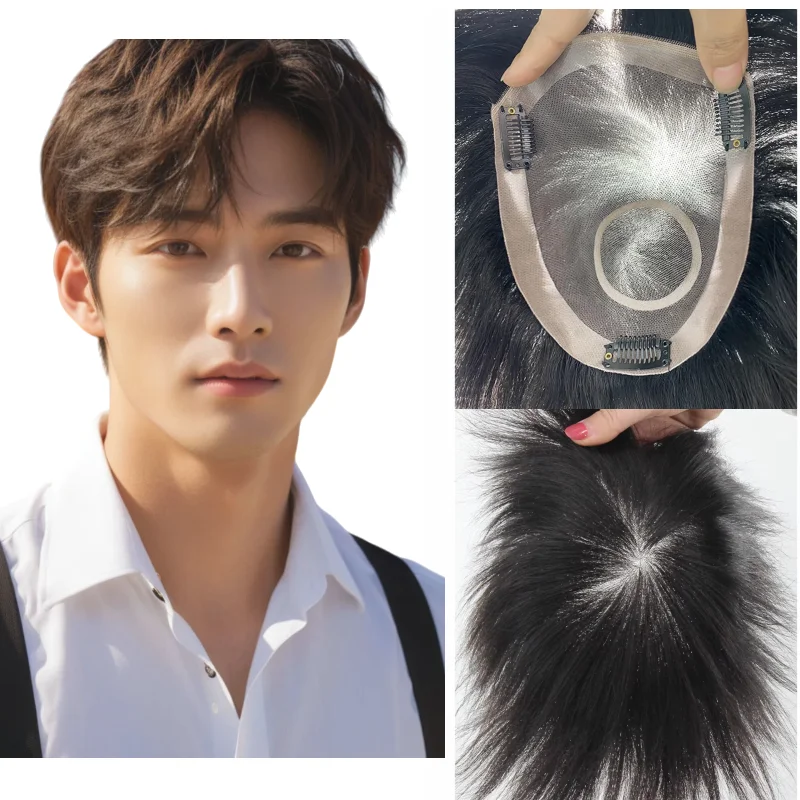 شعر مستعار للرجال 100% شعر بشري قاعدة أحادية بطول 6 بوصة من الدانتيل محيط البولي يوريثان مع مشابك إطباقية مربوطة يدويًا بالكامل باللون الأسود الطبيعي