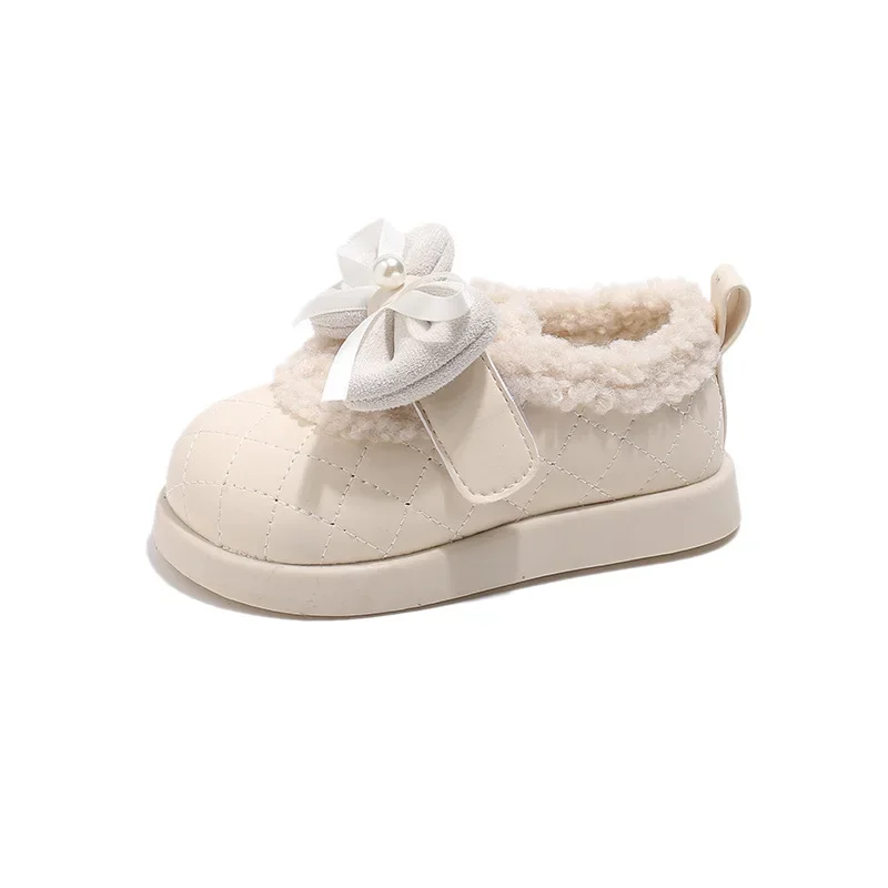 

Girls Bowknot Plush Shoes 2025 Winter Soft-Sole Low-Top Fleece-Lined Shoes Kids Cotton Warm Footwear