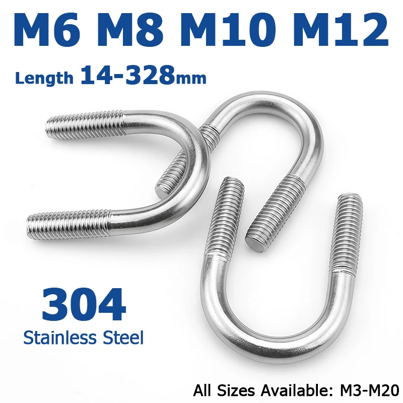 304 Stainless Steel U‑Bolts Round Bend U‑Shape Hoop Pipe Clip Strap Clasp Pipe Clamp Screws Fasteners M6 M8 M10 M12 L=14‑328mm