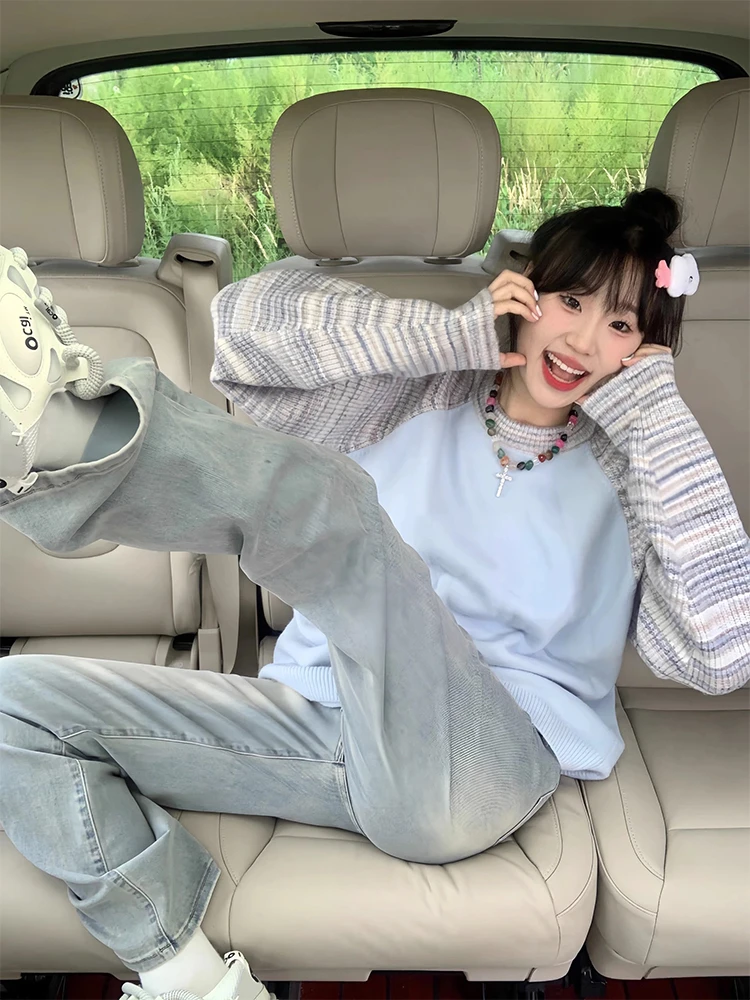 Malhas femininas azuis longas sve roupa interior outono inverno faion design coreano sle casual redondo ne topo