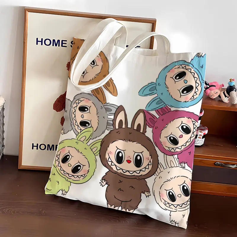 Labubu cartoon cute student tutoring handbag large capacity kawaii shoulder bag animation peripheral ins canvas bag wholesale