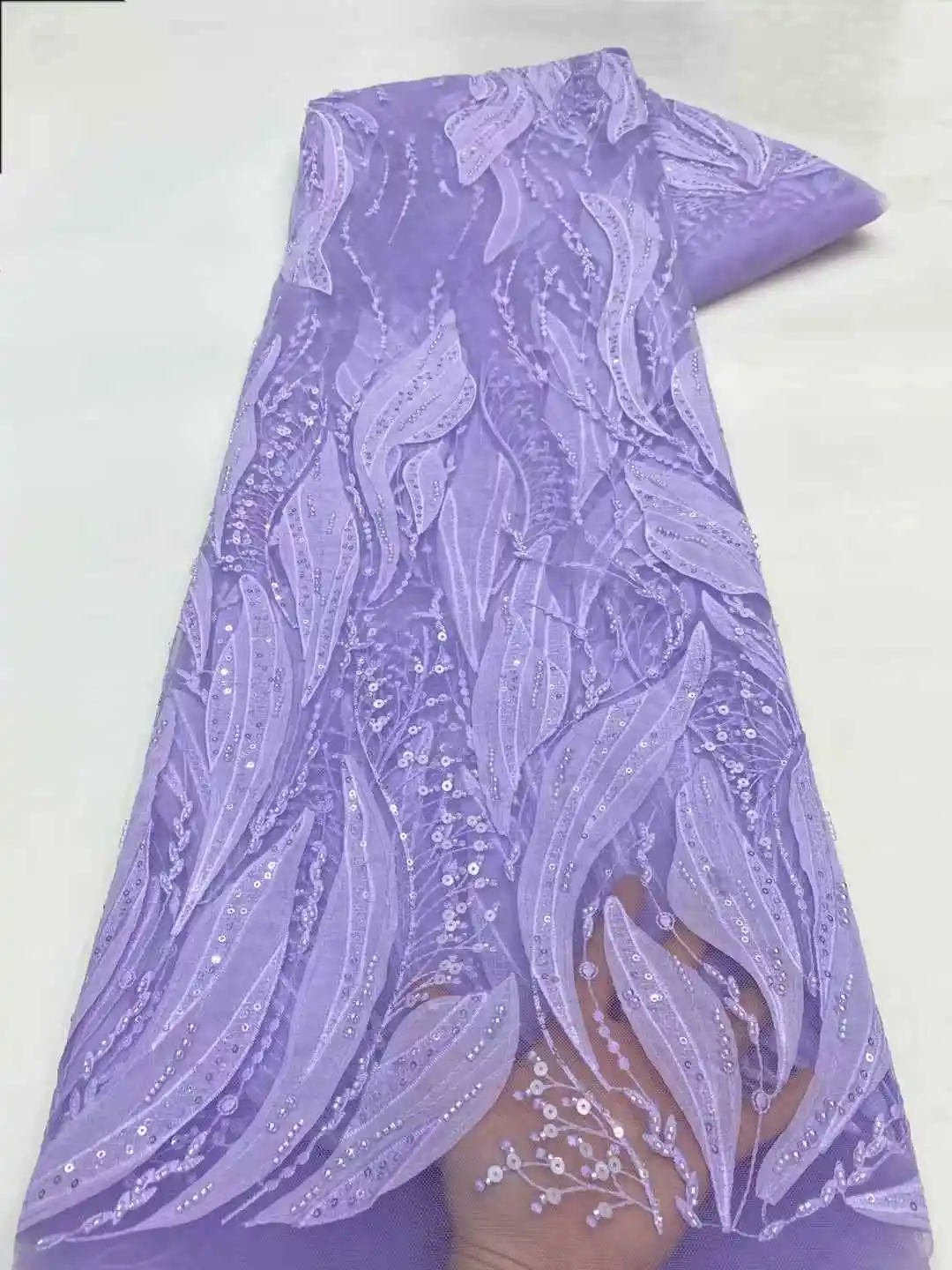 

African Lace Fabric 2025 Handmade Beaded Lace Fabric France Sequins Nigerian Embroidery Bridal Mesh Lace Fabric For Sewing