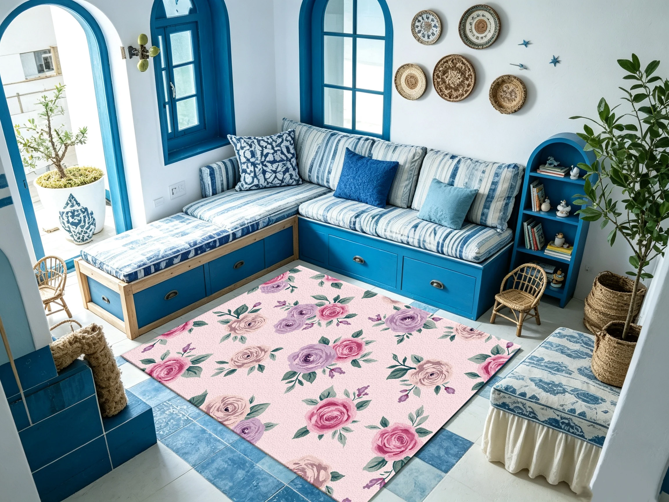 Soft Pink-Purple Watercolor Rose Carpet Floor Tiles, Romantic Floral Seamless Splicing Home Carpet, Suitable for Living Room, Bedroom, Home Decoration