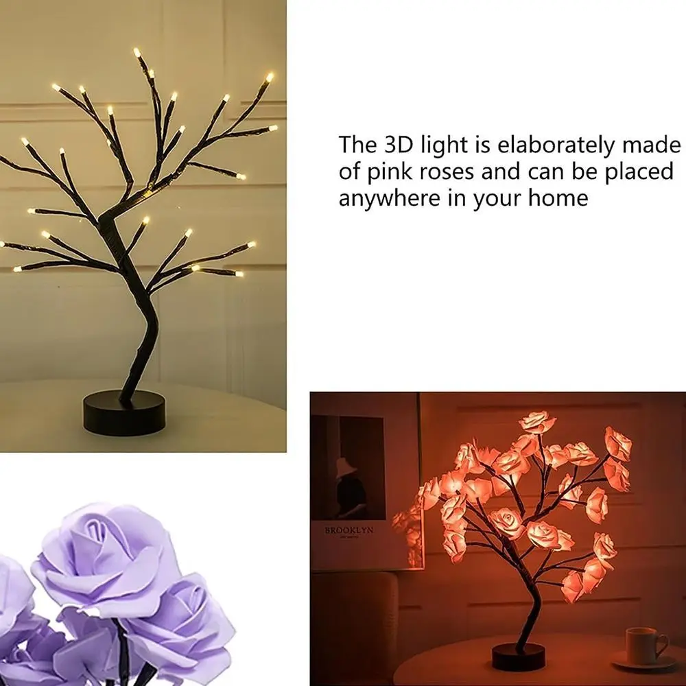 Gift Plastic Rose Bouquet Lamp LED 24 Lights Bonsai Tree Night Lights USB Operated Rose Table Lamp Valentine