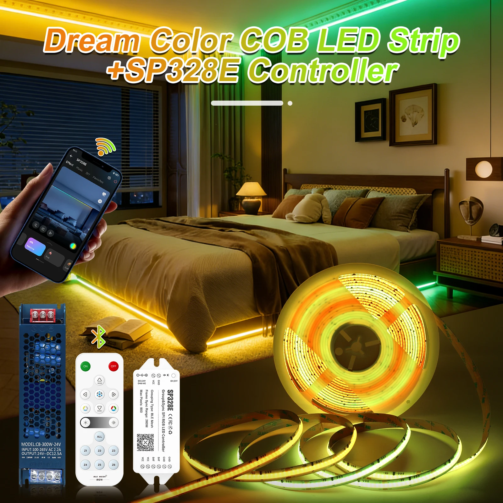 

25-метровый новый умный светодиодный RGBIC COB-набор ленточных светильников с поддержкой Wi-Fi, дистанционного управления через приложение, группового управления, адресной SPI-связи, адресуемая светодиодная лента WS2811 RGB