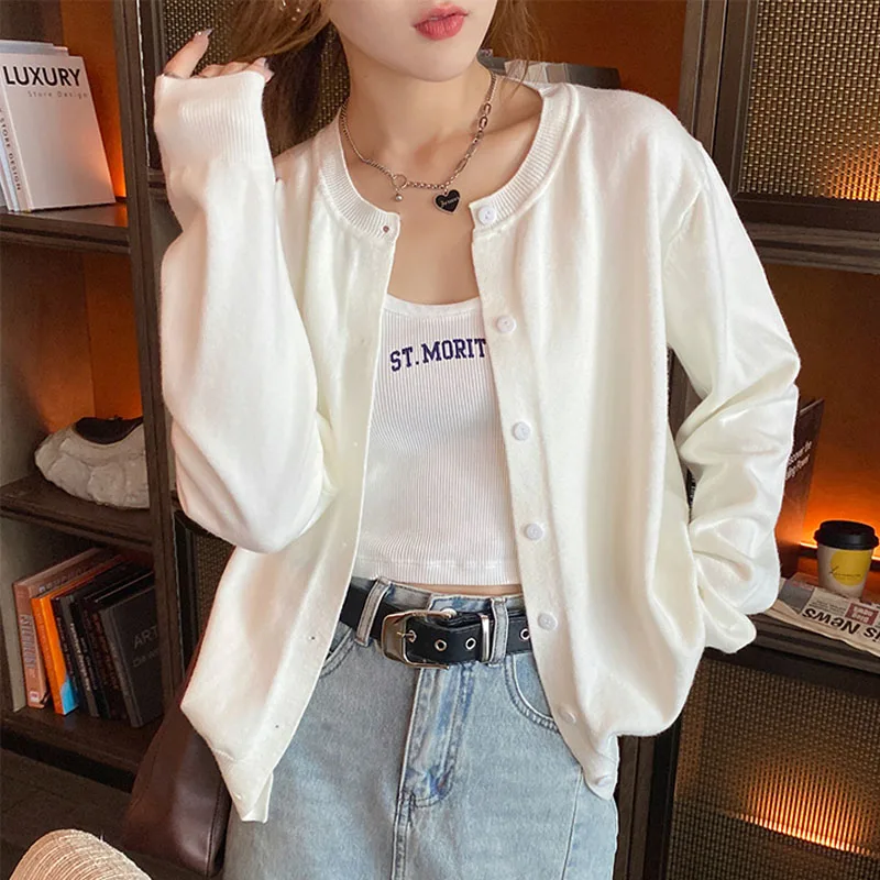 Knitted Sweater Women Cardigans Fashion Long Sleeve O-Neck White Knit Sweater Cardigan Women Tops Sweaters Sueters De Mujer Q822