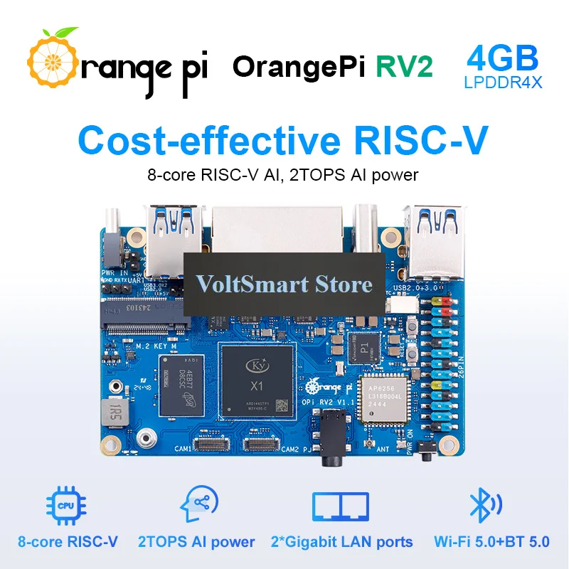 VoltSOrange Pi RV2 4GB RAM Single Board Computer DDR4 8-Core RISC-V 2TOPS AI CPU WiFi BT5.0 BLE M2 PCIE SSD Mini PC Support Ubun