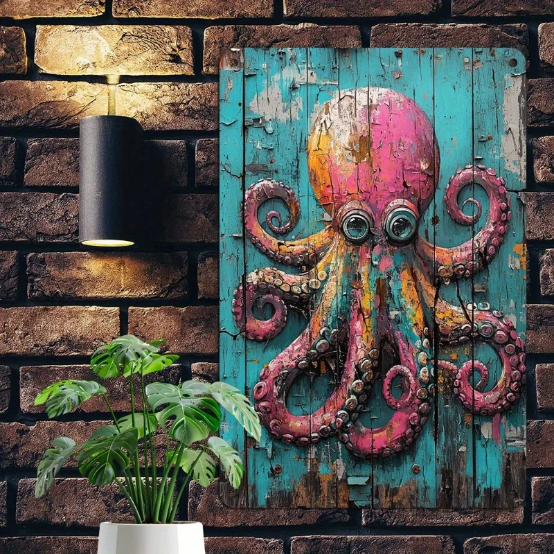 Aluminum Metal Wall Decor: Playful Octopus in Retro Colors on Faux - Aged Plank, Decorative Wall Plaque, 7.9x11.8