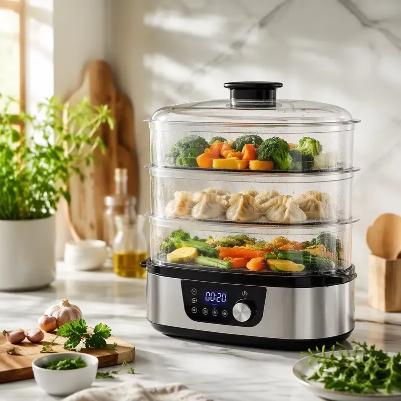 25.3QT Electric Food Steamer 3 Tier Large Capacity Stainless Steel Steam Pot with Independent Water Tank Touch Control for