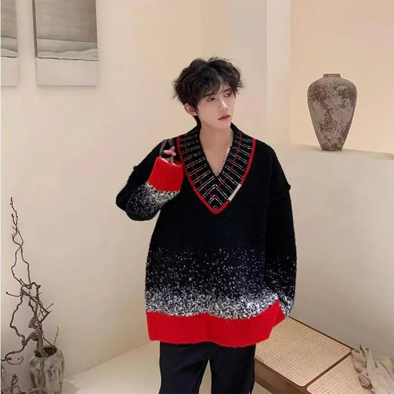 Y2K moda de venta al por menor con cuello en V de dos tonos casual hombres suéter americano nuevo gótico Harajuku jersey de moda pareja ropa deportiva suelta