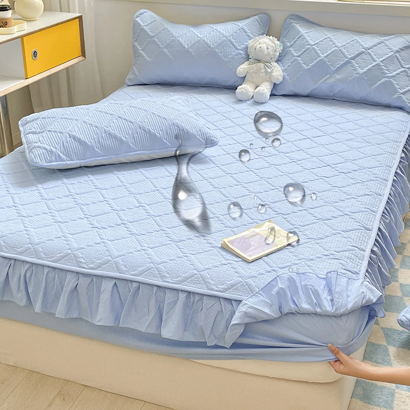 

2026 New Style Waffle Waterproof Single Bed Cover Korean-style Lace 150x200 200x220 Double Mattress Cover Bedspread
