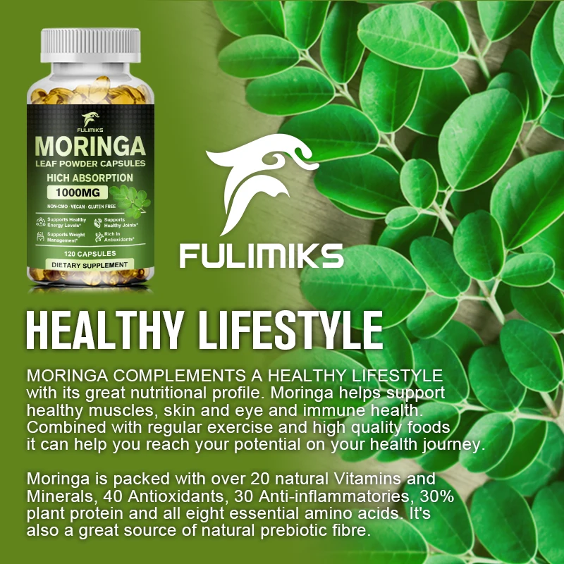 Premium Moringa Oleifera Capsules 1000mg | Made with Organic Moringa Leaf Powder, Superfood Antioxidant & Immune Support
