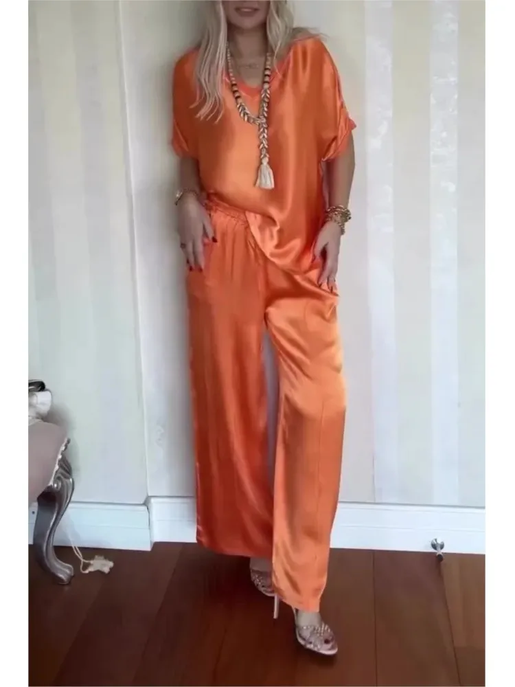 

2025 Summer Casual Solid Color Satin Two Piece Sets Women V-neck Tops Long Pants Loose Suits Female Fashion Ladies Pocket Sets