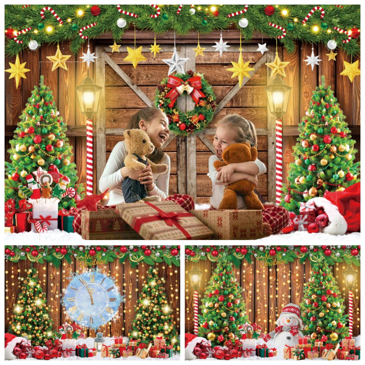Photography Lighting And Background - 冬のクリスマス写真撮影背景木製ボードカラフルなライトペンダントクリスマスツリー雪だるまギフトパーティー写真背景