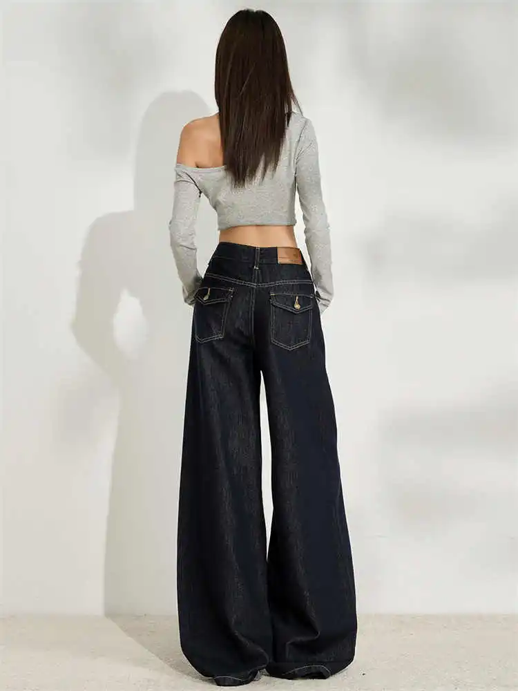 Celana Jeans Wanita Biru Gothic Baggy Y2k Emo Gaya Jepang 2000-an Vintage Harajuku Oversize Boyfriend Denim Musim Gugur