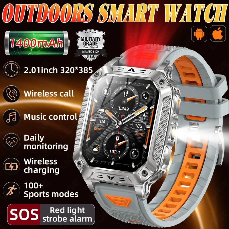 

2026 New Military Smart Watch 1400mAh Battery Waterproof Compass LED Flashlight Outdoor Sport Fitness Tracker Smartwatch Men SOS