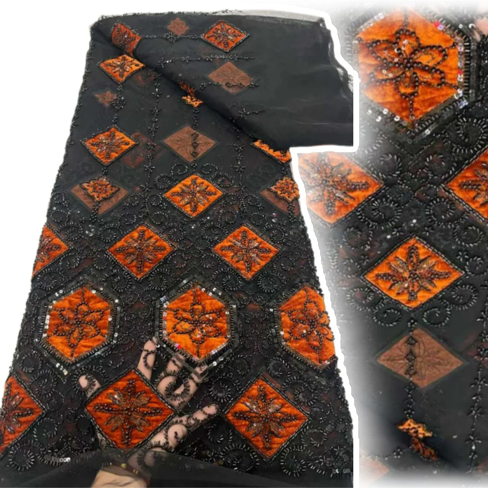 

2025 Luxury French Embroidery Velvet Beaded Lace Fabric Sequins Lace Fabrics for Wedding Party Dress Sewing 5 Yards SZ1392