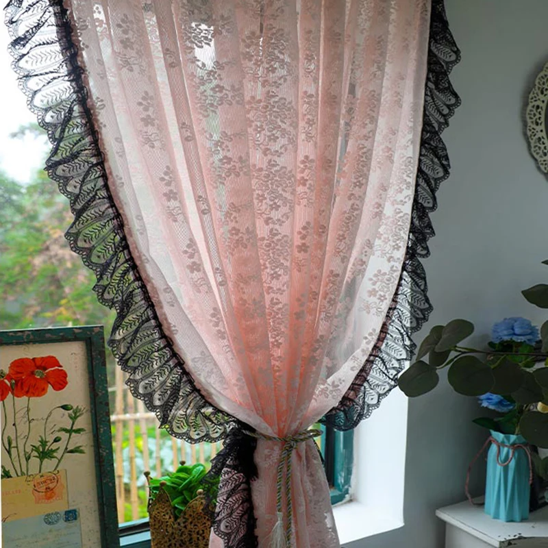 Vintage Black Lacework with Pink Jacquard Sheer Floral Curtains For Bedroom Romantic Elegant Living Room Cortinas Decoration