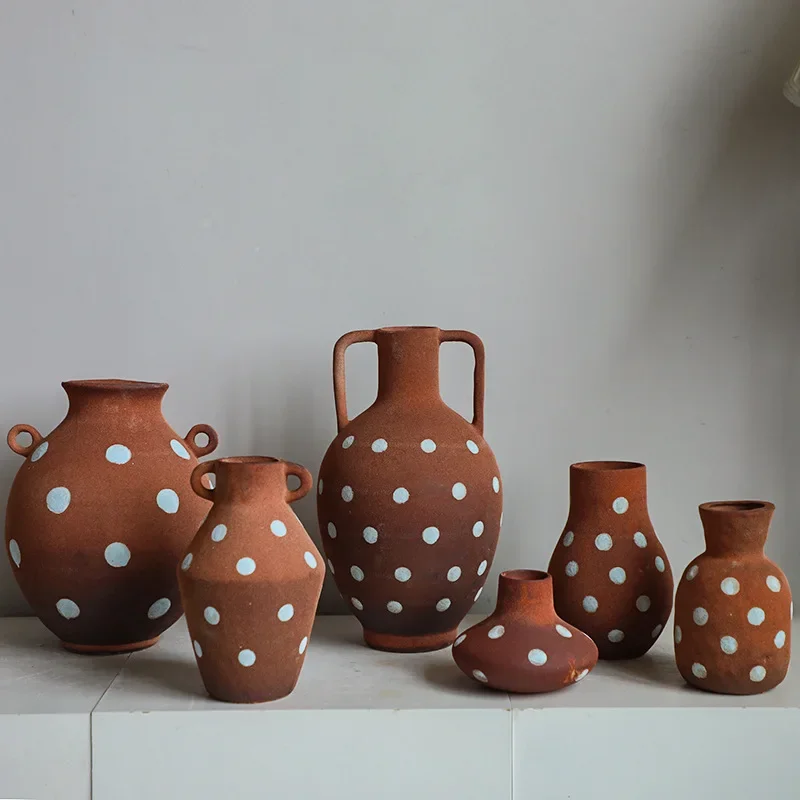 Ceramic Vase Checkered Coarse Earthenware Jar Flower Vase Flower Arrangement Ceramic Handicrafts Flowerpot Home Decoration