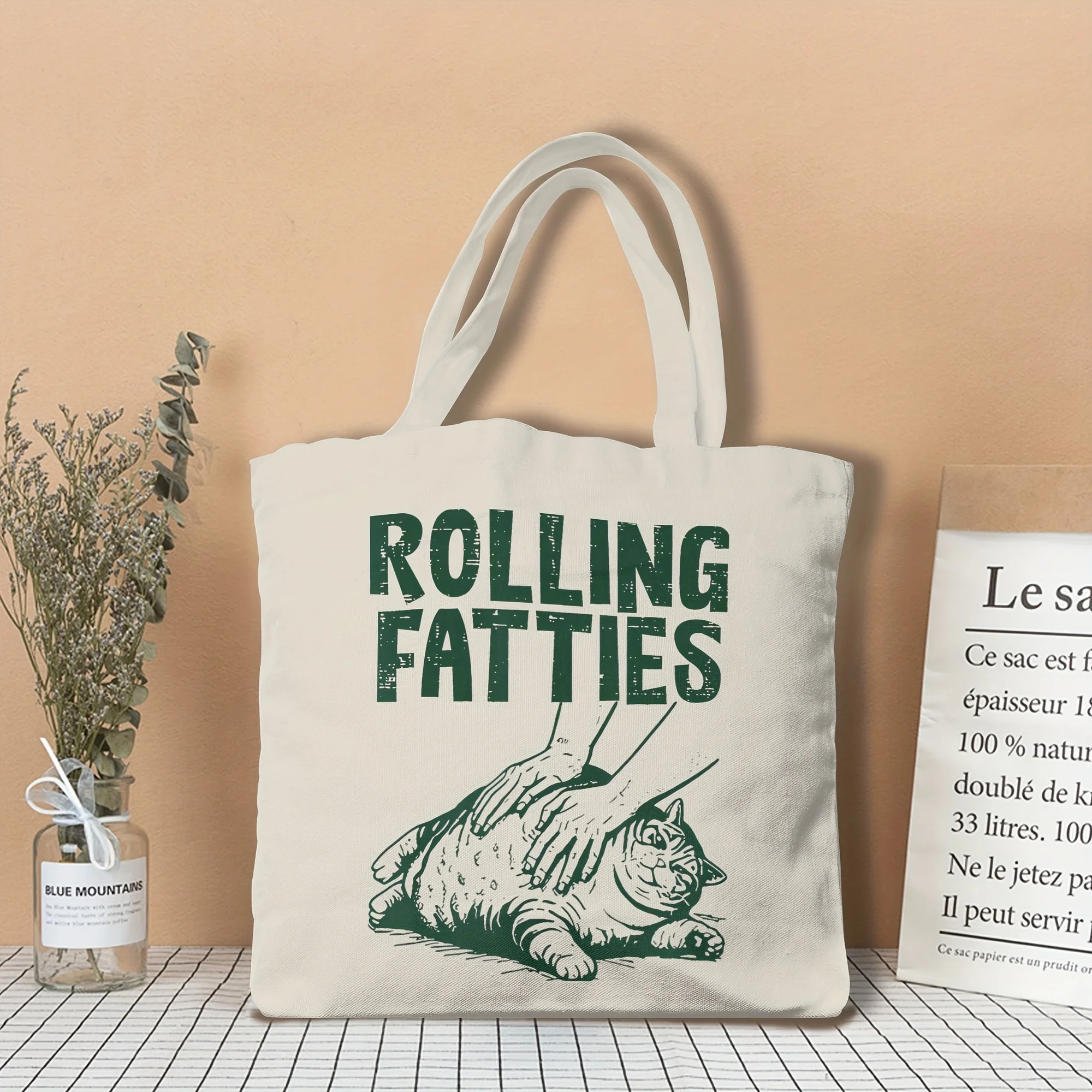 1pc Cat Themed Pattern Tote Bag Vintag Canvas Shopping Bag, Reusable Shoulder Bag, Suitable for Shopping, Daily Use Gift