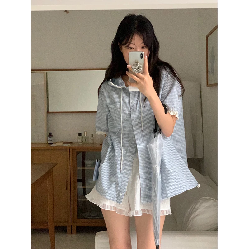 

MEXZT Vintage Plaid Shirts Women Japanese Harajuku Hooded Lace Patchwork Blouses Summer Korean Puff Short Sleeve Casual Tops New