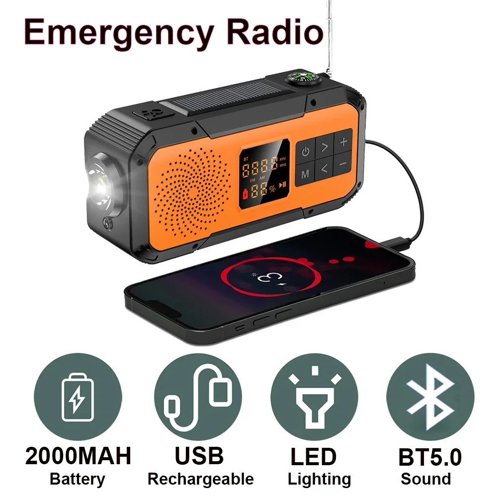 Multi-purpose Emergency Radio Hand Crank USB Rechargeable 2000MAH On Batteries Solar Portable FM Radio Flashlight SOS Alarm