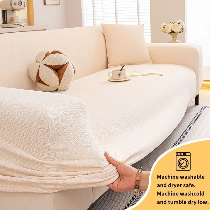 1PC-Solid color striped high-end sofa cover 2025 new cream style lazy elastic dustproof integrated sofa protective cover