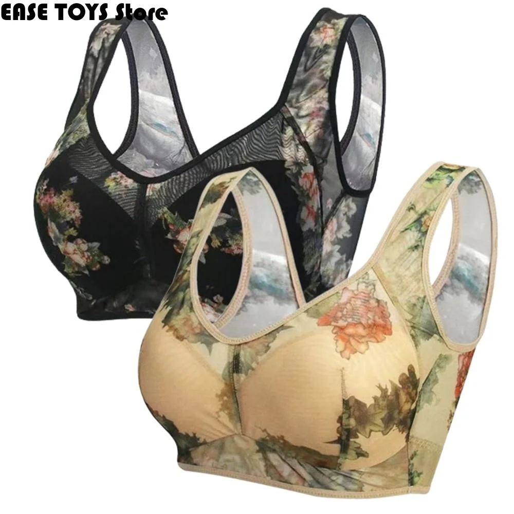 

Sleep Bra Plus Size Lace Women's Underwear M-3XL Buttonless Floral Printed Underwear Nylon Breathable Tank Top Bra Elderly