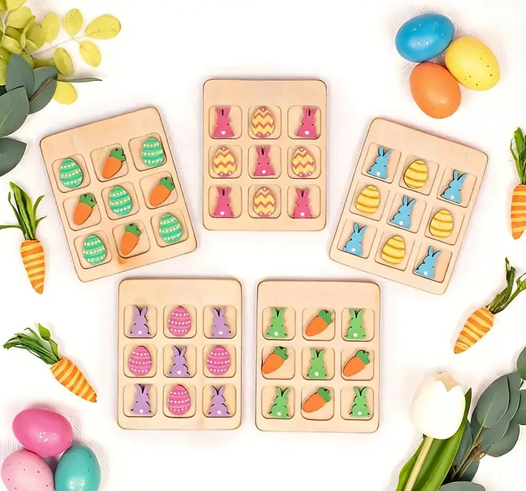 개인 맞춤형 부활절 토끼 틱택토 나무 게임 - 달걀 & 당근 블록 장난감, 어린이 파티 선물, 어린이를 위한 휴일 선물