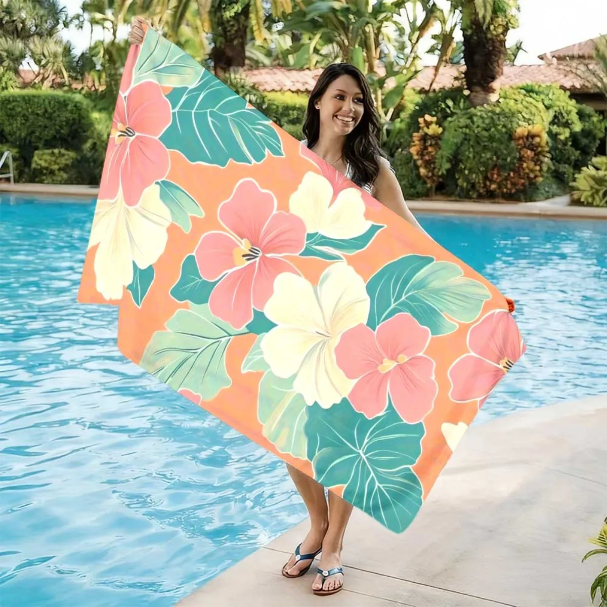 Vintage Aloha Swim Towel Pink Floral Monstera Leaf Microfiber Blanket Quick-Drying Large Beachwear Sunbathe Holiday for Women