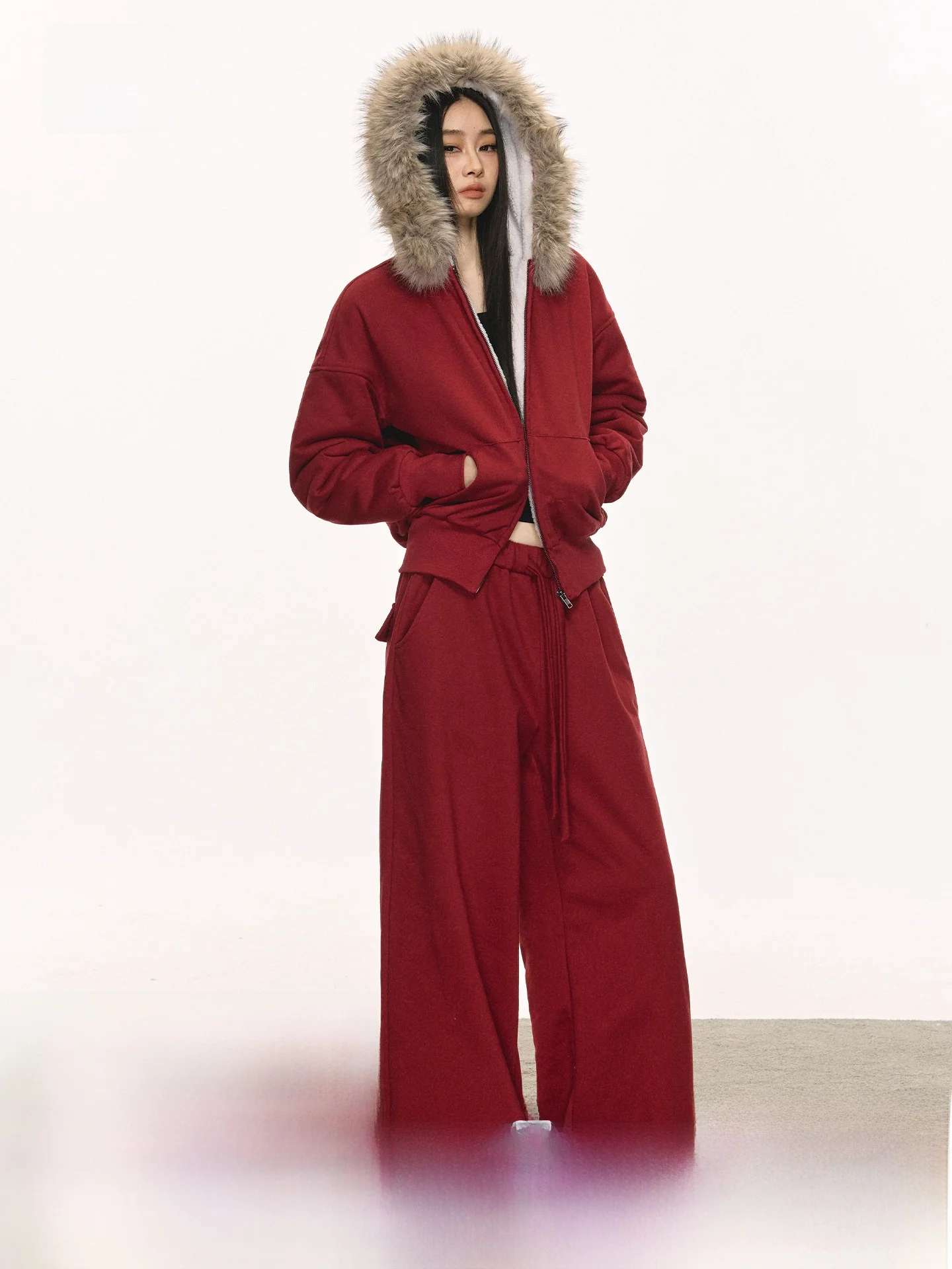 

Red Hooded Jacket with Fur Collar Women's Casual Wide Leg Pants Two-Piece Set Spring New Style Warmth Function ANNA ANEAE