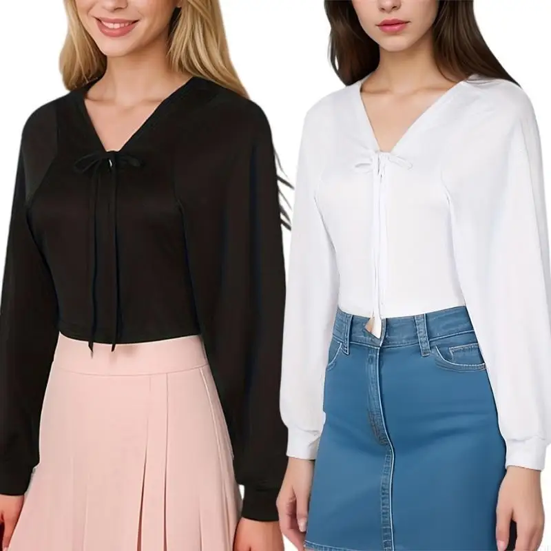 

L74F Women's Breathable Cropped Cardigan Long Sleeve V Neck Tops Everyday Essential