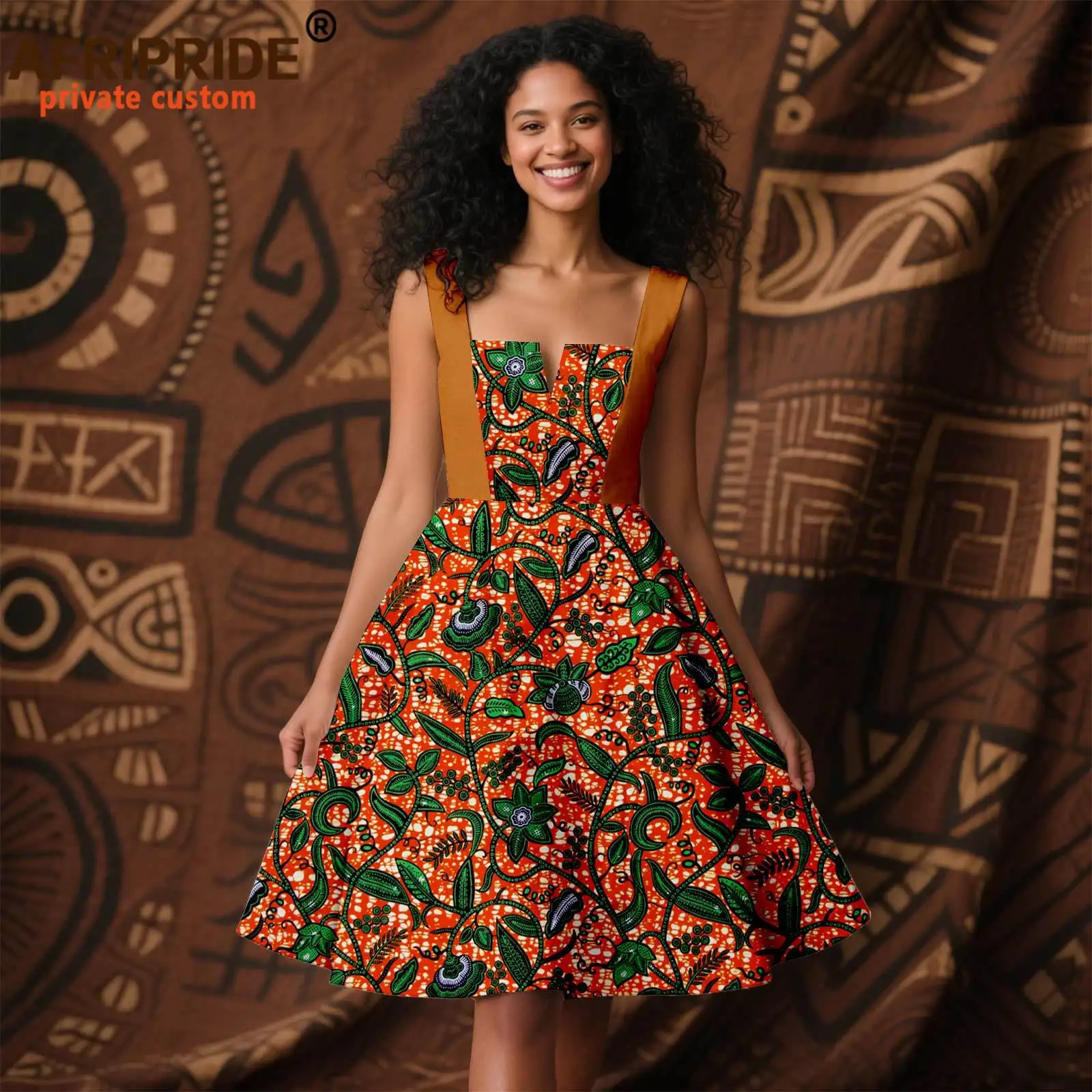 

African Dresses for Women Sleeveless Slash Neck High Waist Elegant A-line Knee Dress Ankara Attire Print Outfits 2525130